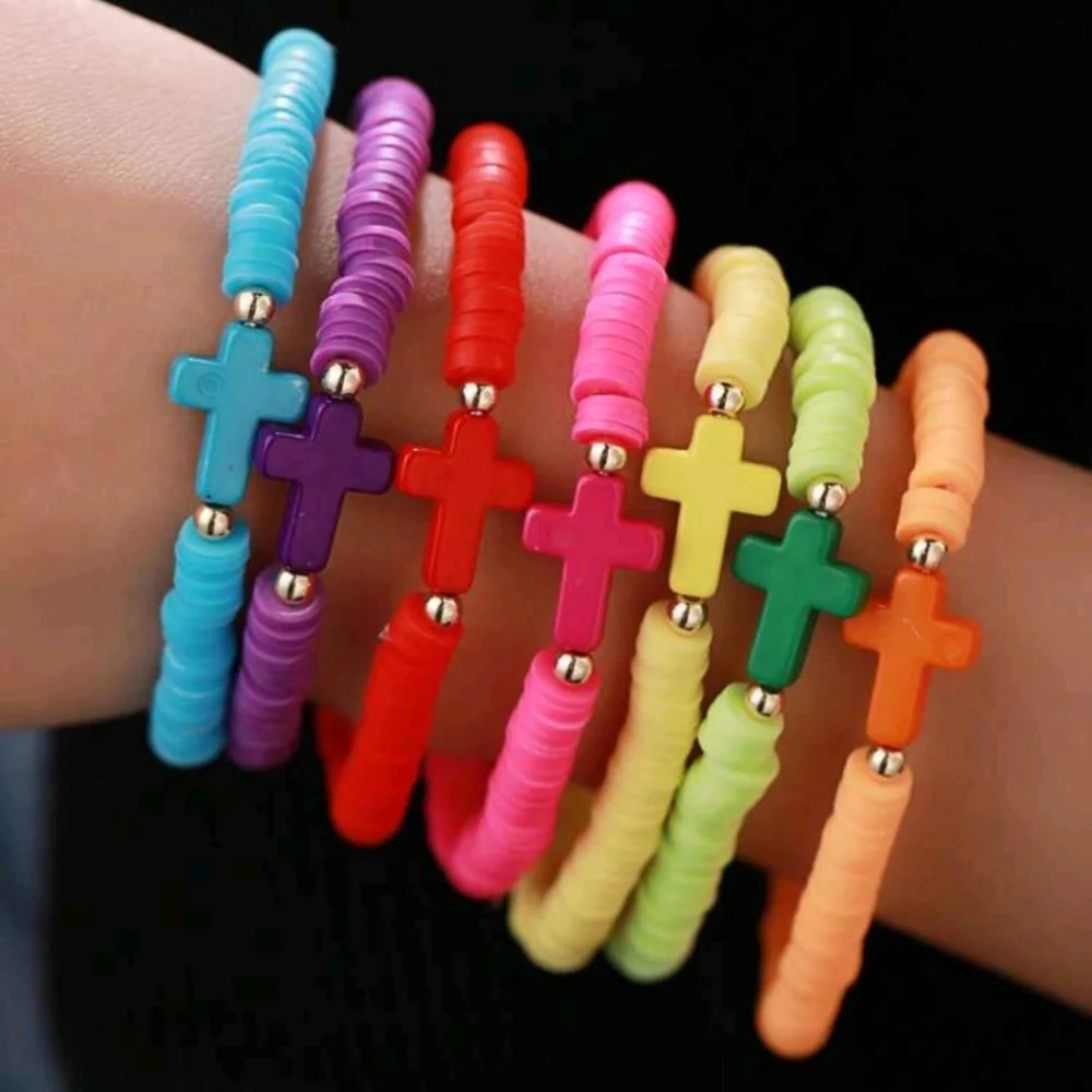Kids Stackable Clay Beaded Bracelet with Cross-3 Pcs Set